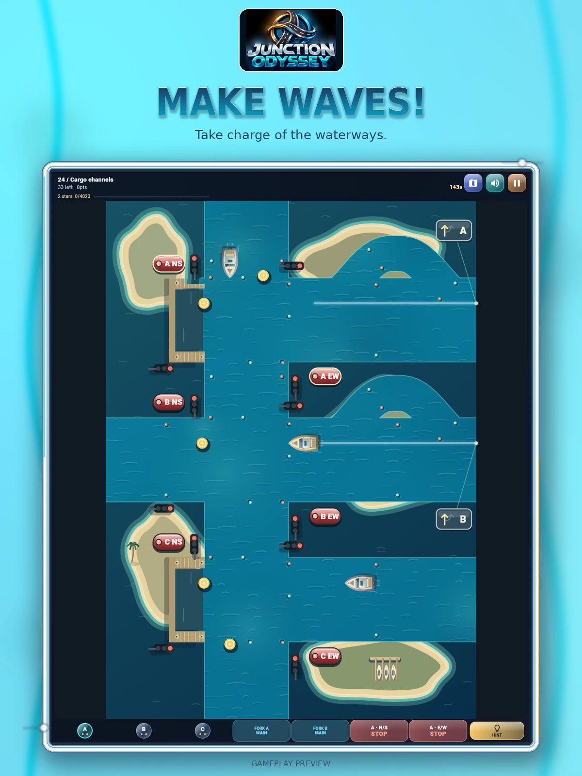 Promotional ad titled “Make waves!” showing the Cargo channels level with boats on waterways between islands.
