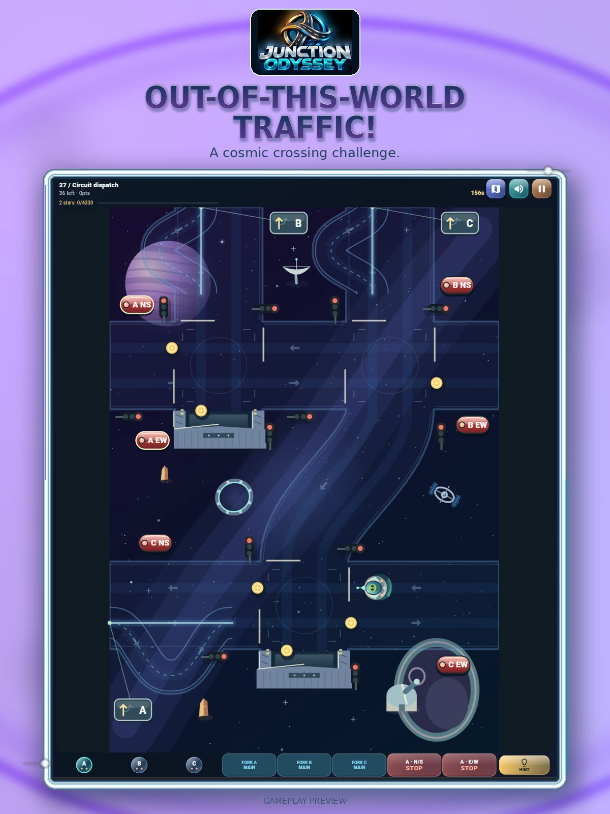 Promotional ad titled “Out-of-this-world traffic!” showing the Circuit dispatch level with crossing routes set in space.