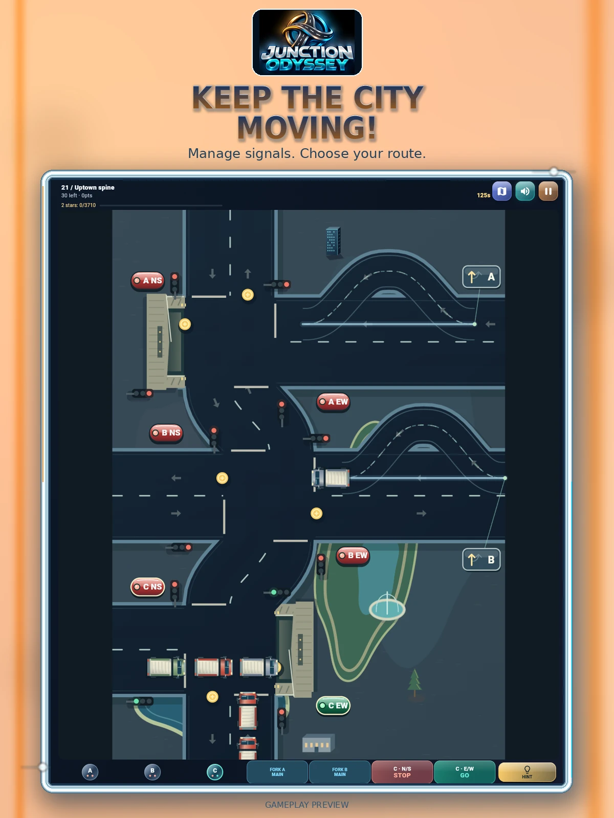 Promotional ad titled “Keep the city moving!” showing the Uptown spine level with city streets and signals.