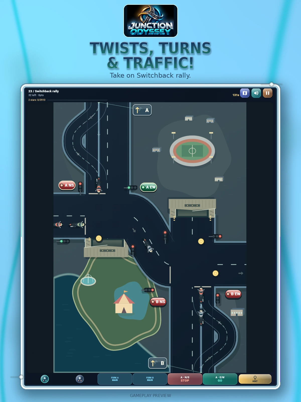 Promotional ad titled “Twists, turns & traffic!” showing the Switchback rally level with winding roads.